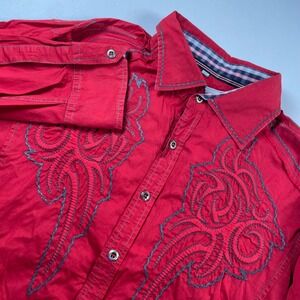 House of Lords Mens XL Red Embroidered Western Button Down Shirt Tribal Y2K Long